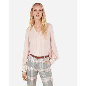 Express Button Front Blouson Sleeve Chelsea Popover Light Pink Shirt Size M